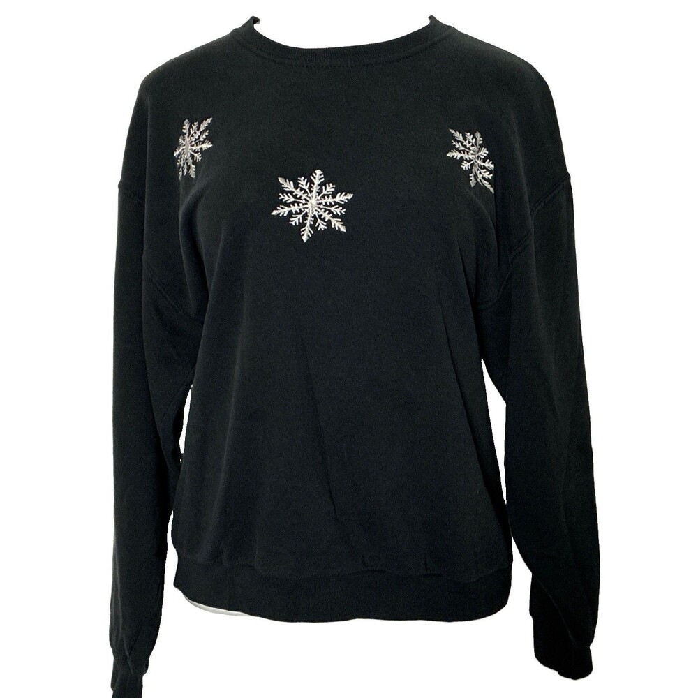 Vtg JERZEES Women L Black Fleece Pullover Embroidered Snowflakes Winter Crewneck